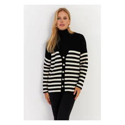 Cool & Sexy Women's Black-White Striped Knitted Cardigan CNG3