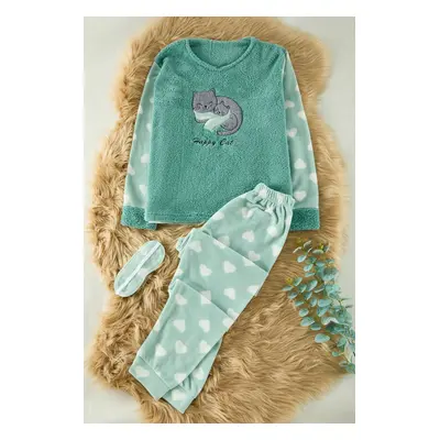 Trendyol Mint Heart Cat Embroidered Sleep Band Polar Fleece Winter Knitted Pajama Set