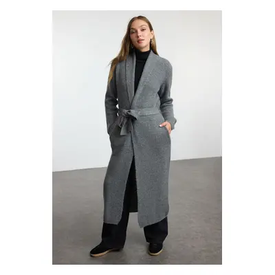 Trendyol Anthracite Wide Pattern Maxi Coat Look Knitwear Cardigan