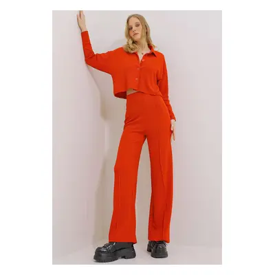 Trend Alaçatı Stili Women's Red Thessaloniki Knitted Crop Shirt And Grassy Palazzo Trousers Doub