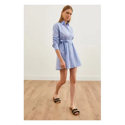 Olalook Women's Blue Striped Belted Mini Shirt Dress