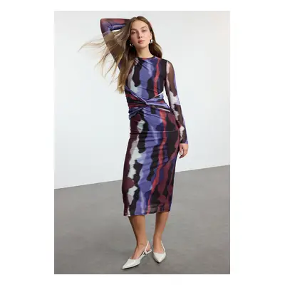 Trendyol Multicolored Abstract Tie Detail Maxi Knit Dress