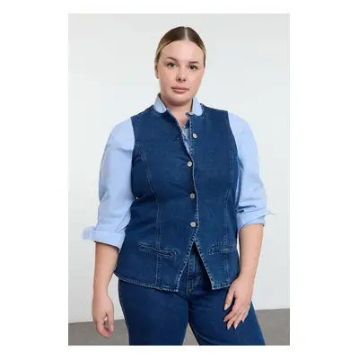 Trendyol Curve Blue Crew Neck Plus Size Denim Vest