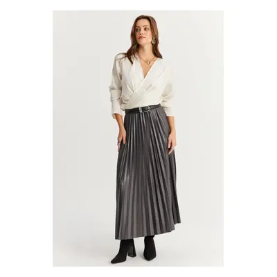 Cool & Sexy Women's Anthracite Elastic Waist Pleated Skirt IO190