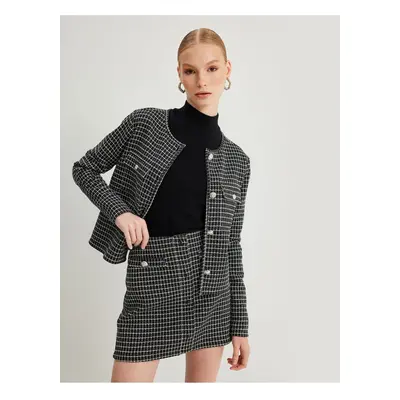 Koton Round Neck Buttoned Tweed Jacket with Flap Pocket Detail