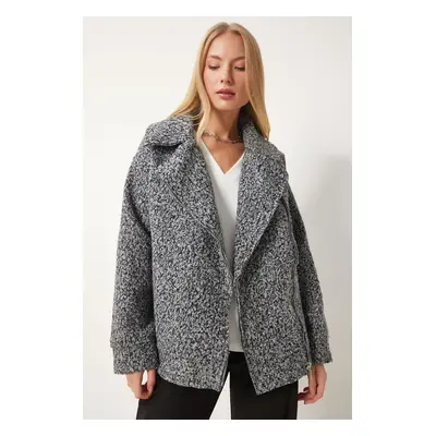 Happiness İstanbul Women's Gray Shawl Collar Boucle Jacket