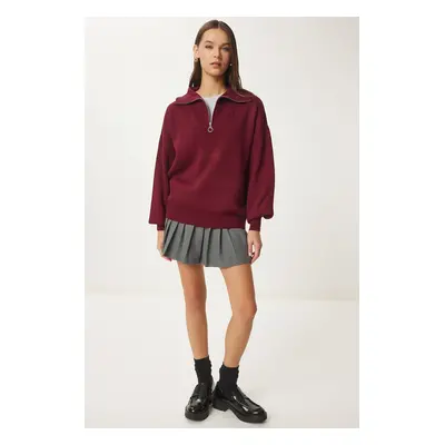 Happiness İstanbul Women's Burgundy Zippered Collar Basic Knitwear Sweater