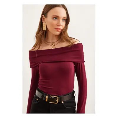 Olalook Women's Burgundy Madonna Collar Soft Touch Flexible Blouse