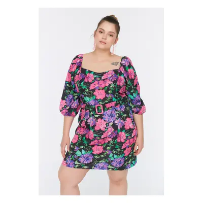 Trendyol Curve Floral Patterned Belted Mini Woven Dress