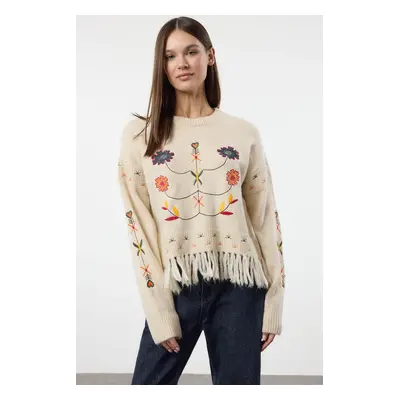 Trendyol Ecru Soft Texture Tassel Embroidered Knitwear Sweater