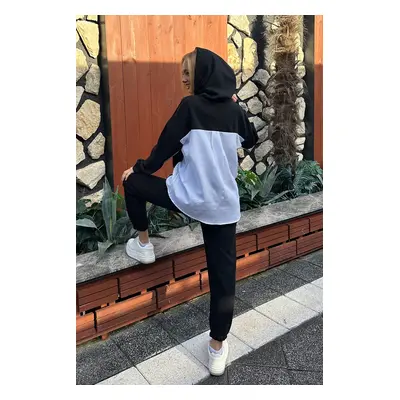 Trend Alaçatı Stili Women's Black Hooded Shirt With Garnish Thread Inner Raising Sweatshirt