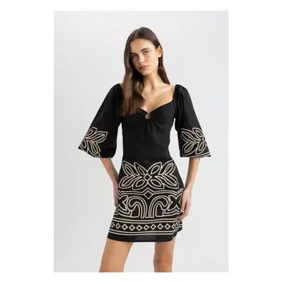 DEFACTO A-Line Sweetheart Neckline Ethnic Patterned Half Sleeve Mini Dress