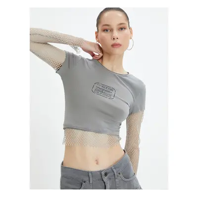 Koton Crop T-Shirt Mesh Detailed Short Sleeve Crew Neck Cotton