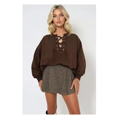 Trend Alaçatı Stili Women's Brown Lace-Up Oversize Sweatshirt