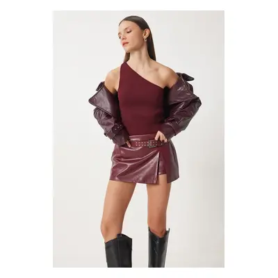 Happiness İstanbul Women's Burgundy One Shoulder Wrap Knit Blouse