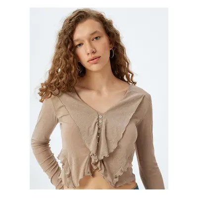 Koton Long Sleeve Buttoned V Neck Ruffle Asymmetrical Blouse