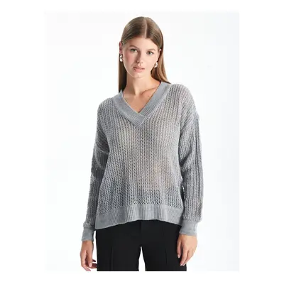 LC Waikiki Women's V-Neck Openwork Long Sleeve Knitwear Sweater