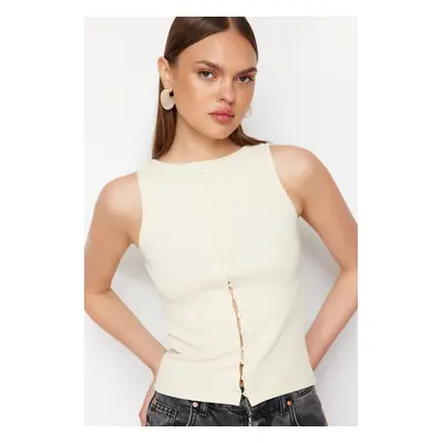 Trendyol Stone Buttoned Fitted Stretchy Knitted Blouse