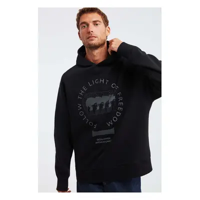 GRIMELANGE Olympos Men's 100% Organic Cotton Thread Oversize Printed Hooded Black Sweatshirt wit