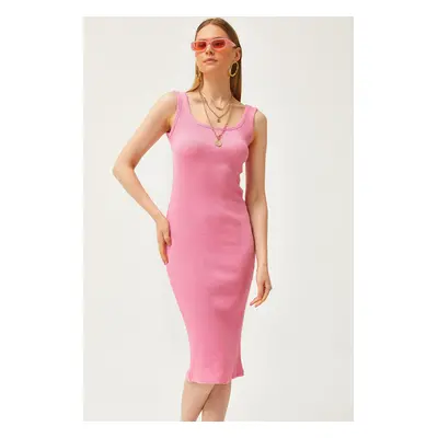 Olalook Women's Pink Thick Strap Lycra Midi Dress