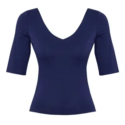 Trendyol Navy Blue Fitted/Body Fitted V Neck Backless Flexible Knitted Blouse