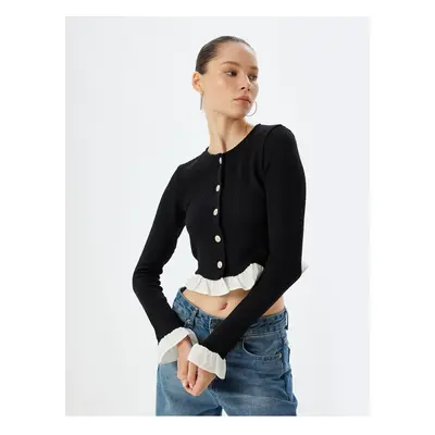 Koton Crop Cardigan Buttoned Ruffle Detailed Crew Neck Slim Fit