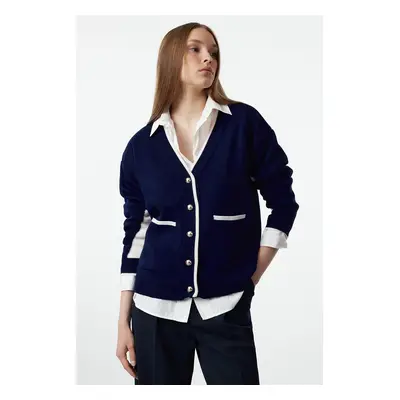 Trendyol Navy Blue Wide Cut Color Block Wide Cut Knit Cardigan