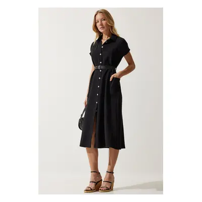 Happiness İstanbul Women's Black Belted Woven Dress