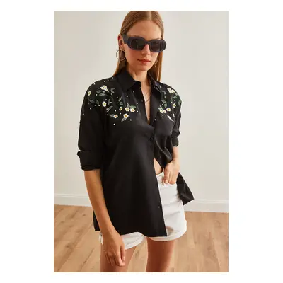 Olalook Women's Daisy Black Embroidery Detailed Oversize Woven Shirt