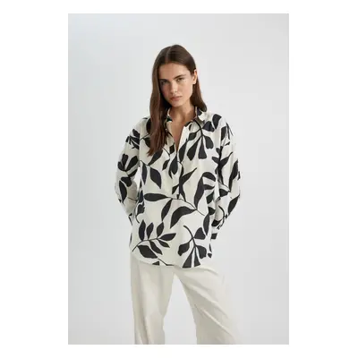 DEFACTO Oversize Fit Patterned Voile Long Sleeve Blouse