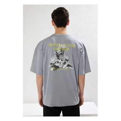 Trendyol Grey Oversize/Wide Cut Fruit Back Printed 100% Cotton T-Shirt