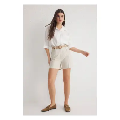 Trendyol Beige Linen Look Belted Knee Length City Shorts & Bermudas