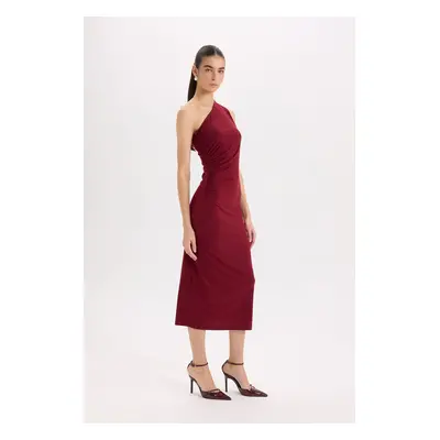 DEFACTO Bodycon Body-hugging Basic Plain One Shoulder Burgundy Midi Dress