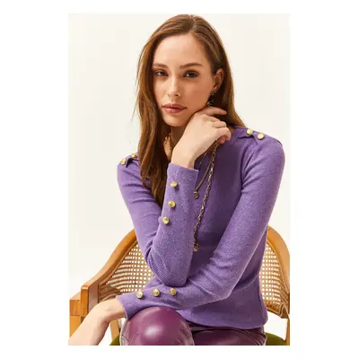 Olalook Women's Purple Shoulder and Cufflinks Raised Lycra Camisole Blouse