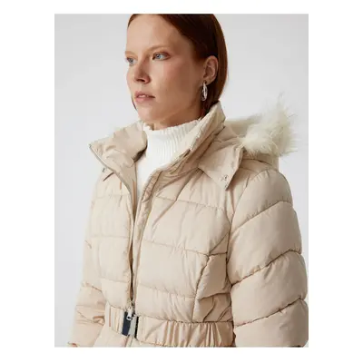 Koton Quilted Puffer Coat with Hood and Faux Für Collar and Belt