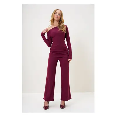 Trend Alaçatı Stili Women's Claret Red Boat Neck Side Draped Interlock Fabric Blouse and Trouser