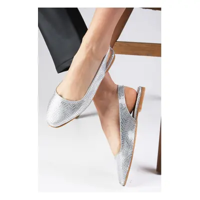 Mio Gusto Ally Silver Color Snakeskin Patterned Flat Toe Women's Flat Shoes