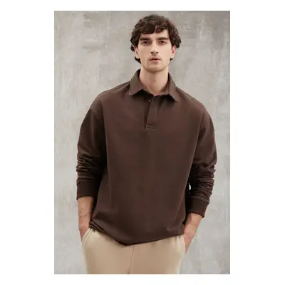 GRIMELANGE John Men's Polo Sweat Shirt Collar Long Back Slit Diagonel Fabric Dark Brown Sweatshi