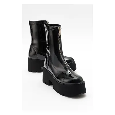 LuviShoes OVİL Black Patent Leather Thick Sole Women's Boots With Zipper