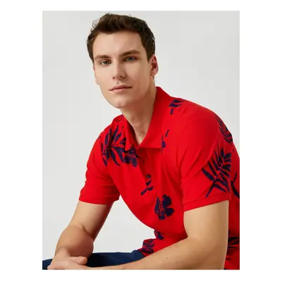 Koton Polo Neck tričko Leaf Printed Button Slim Fit Krátký rukáv