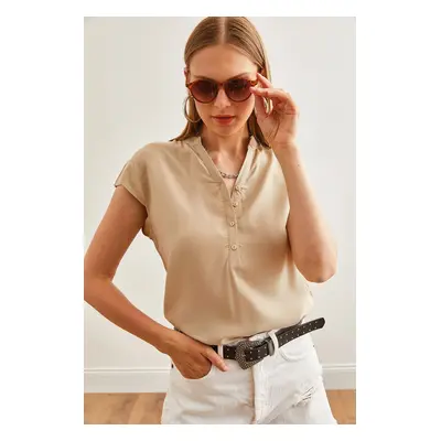 Olalook Women's Beige V-Neck Button Viscose Blouse