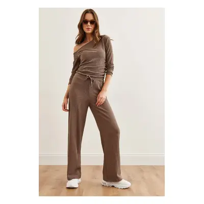 Olalook Women's Mink Top Boat Neck Blouse Bottom Palazzo Trousers Set Tkm