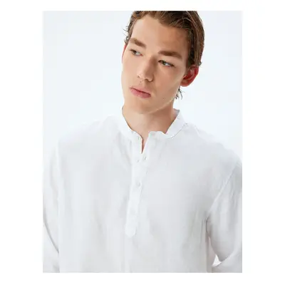 Koton Collarless Linen Shirt Long Sleeve Button Detail