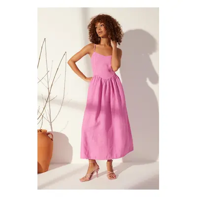 Trendyol Pink 100% Linen Strap Maxi Dress