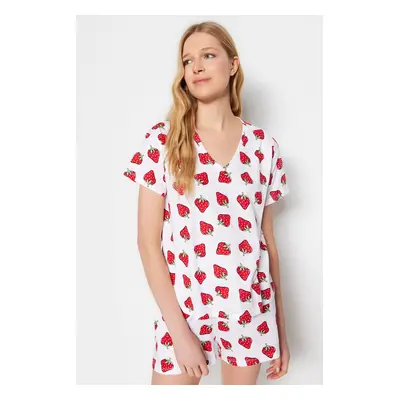 Trendyol White 100% Cotton Strawberry Patterned T-shirt-Shorts Knitted Pajama Set