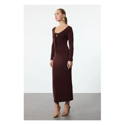 Trendyol Brown Body-Smoothing Knitted Dress with Tie Detail at Chest