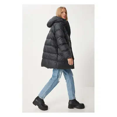 Happiness İstanbul Women's Black Hooded Long Puffer Coat