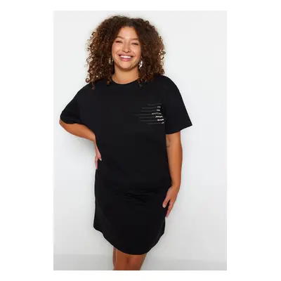 Trendyol Curve Black Crew Neck Slogan Printed 100% Cotton Knitted Plus Size T-shirt Dress