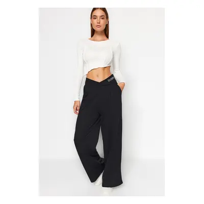 Trendyol Black Print Detail Wide Leg/Casual Fit Asymmetrical Waist Knitted Pants