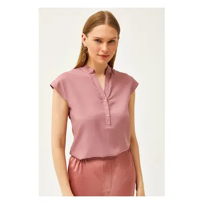 Olalook Women's Dusty Rose V-Neck 4-Button Viscose Blouse